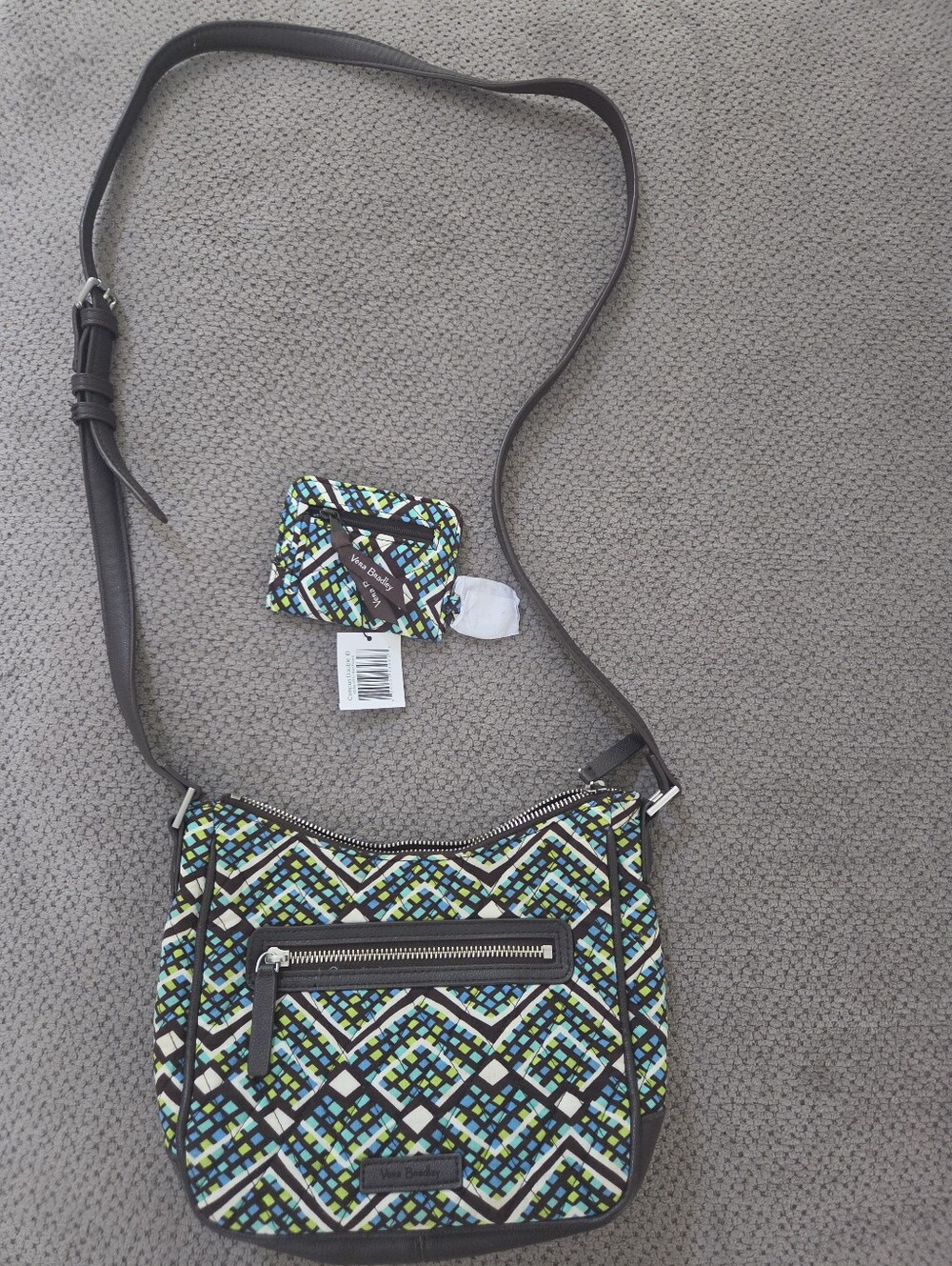 Vera Bradley Blue Green Geometric Crossbody Bag with matching double ID wallet